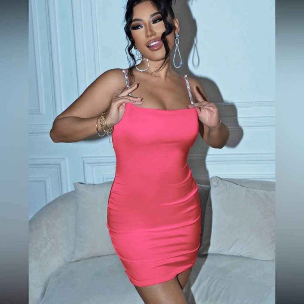 Coral Satin Rhinestone Dress